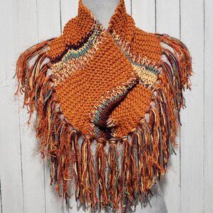 NEW Hand Knitted Rust Orange Infinity Boho Cowl Scarf Fringe Artsy Indie Hippie